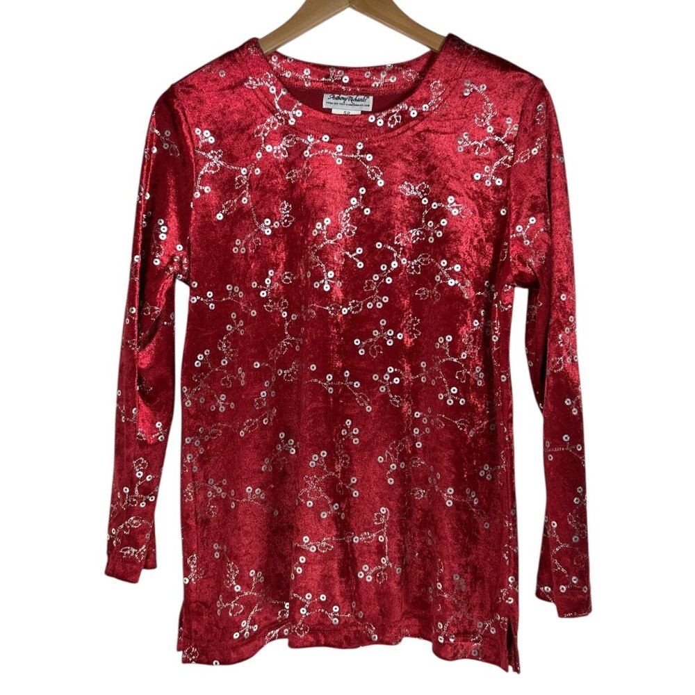 Anthony Richards Top Sz SP Red Velvet Metallic Silver Printed LS Top VTG Holiday